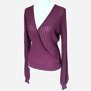 Burgundy Guess faux wrap sparkly sweater with long puff sleeves